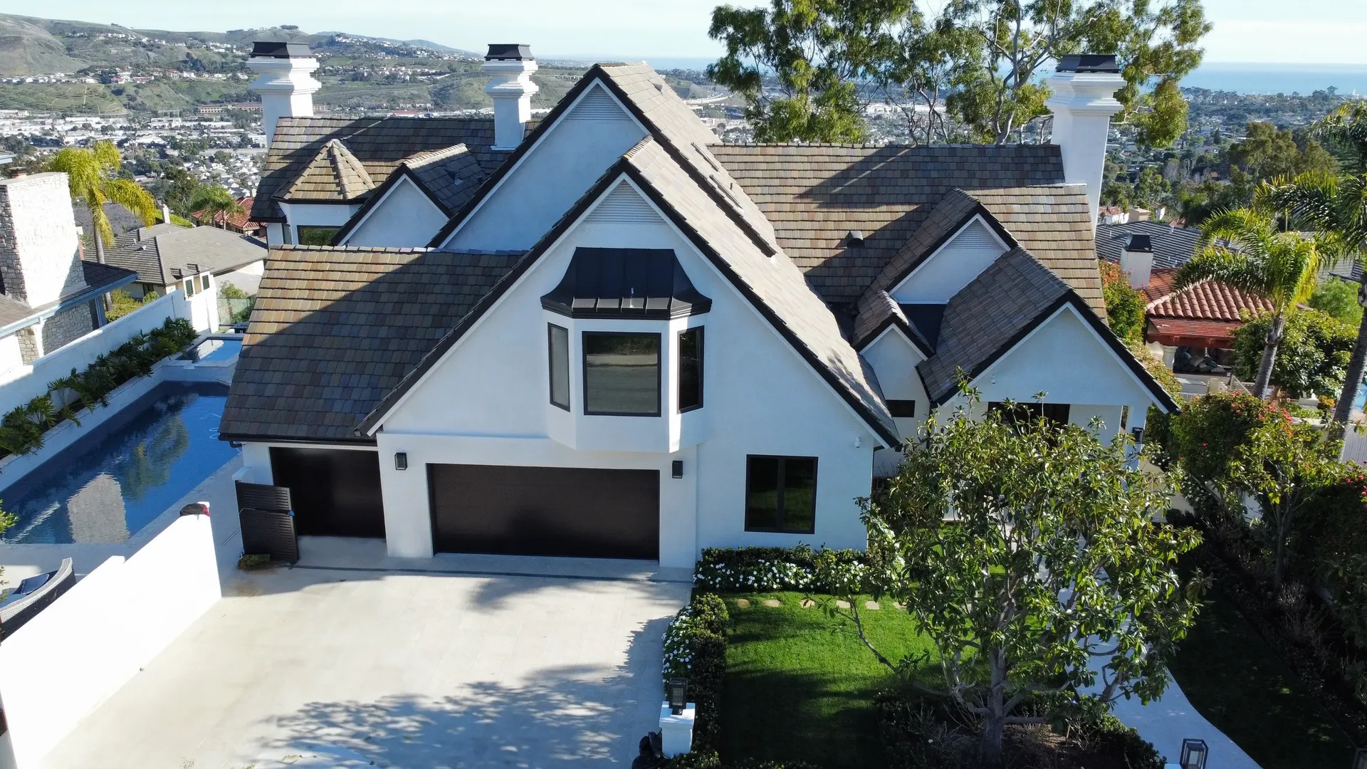 Luxury custom home construction project from an aerial drone view